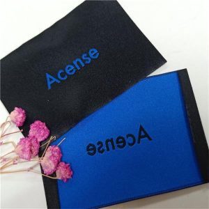 30D embossed logo woven tags end fold laser cutting on woven label for clothing